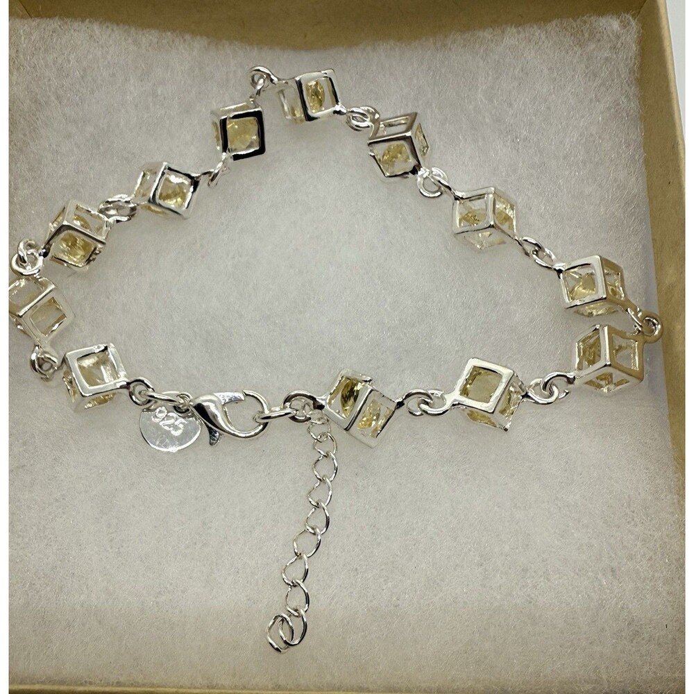 925 Sterling Silver Vintage Bracelet Cube‎ Links White Topaz Or Citrine Stone